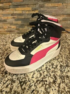 Puma Kids High-Top Sneakers in Pink, Black & White